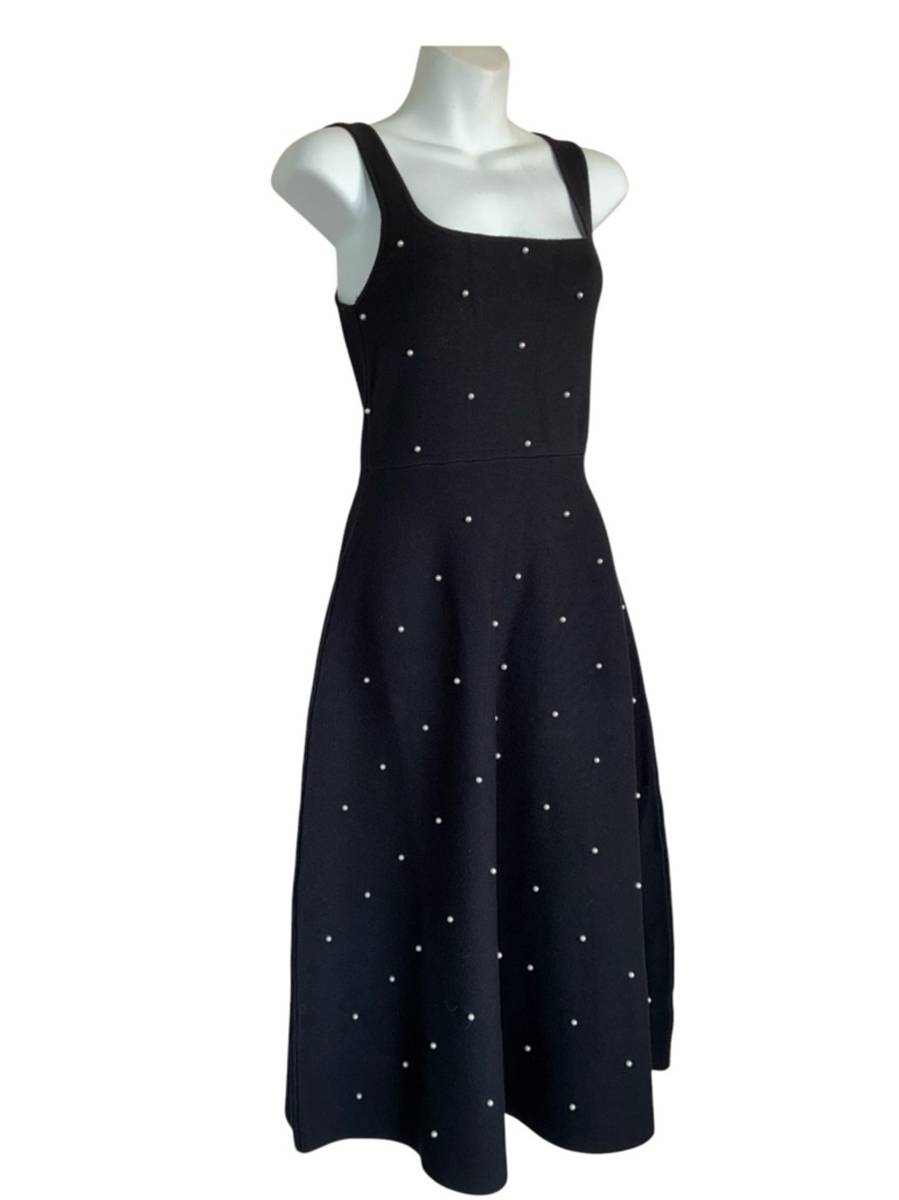 Pearl Encrusted Knit Dress, Women's S, black, square neck, sleeveless. EUC LBD